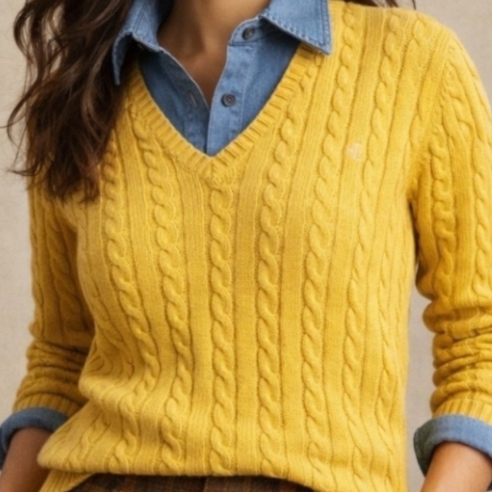Ralph Lauren Cotton Cable Knit Sweater Yellow V Neck With Gold Logo Size S